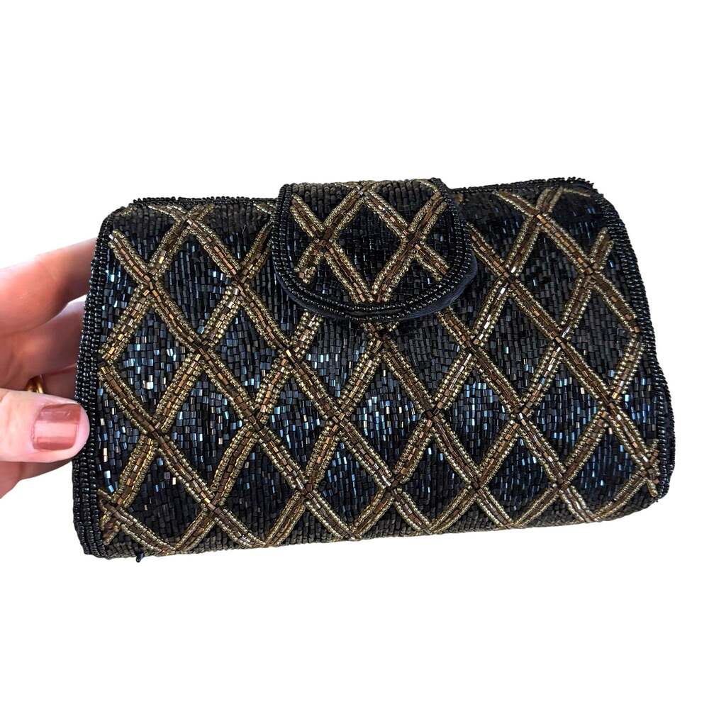 Vintage Talbots evening bag converts to clutch purse black gold geometric beads